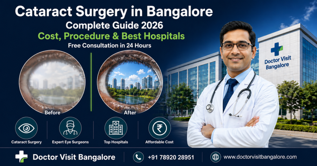 Cataract surgery in Bangalore guide showing before and after vision improvement, expert eye doctor and modern hospital for affordable treatment