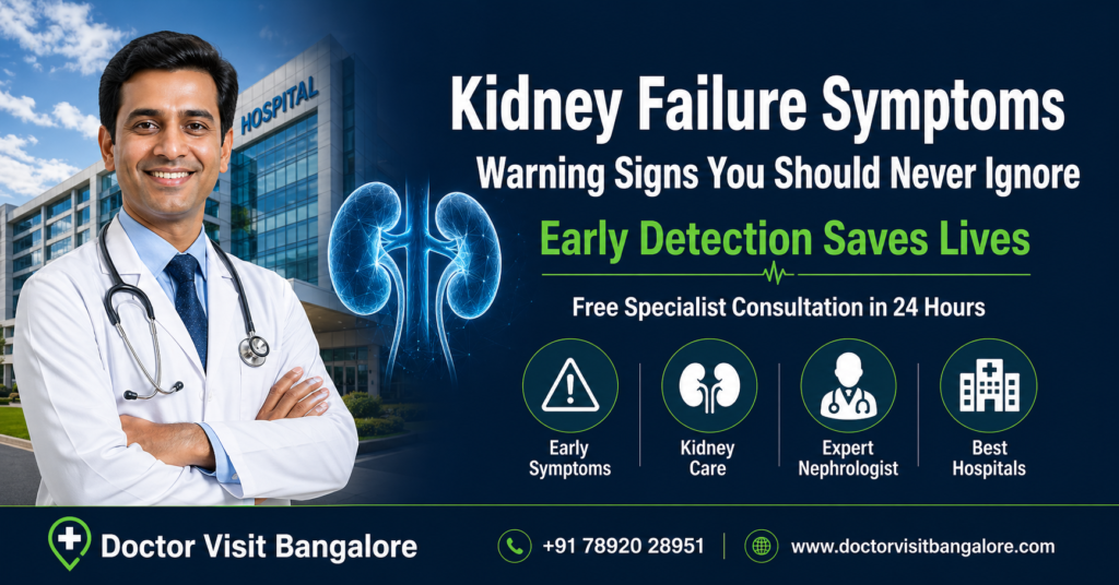 Kidney failure symptoms warning signs illustration with doctor, hospital background and early detection message for patients in India