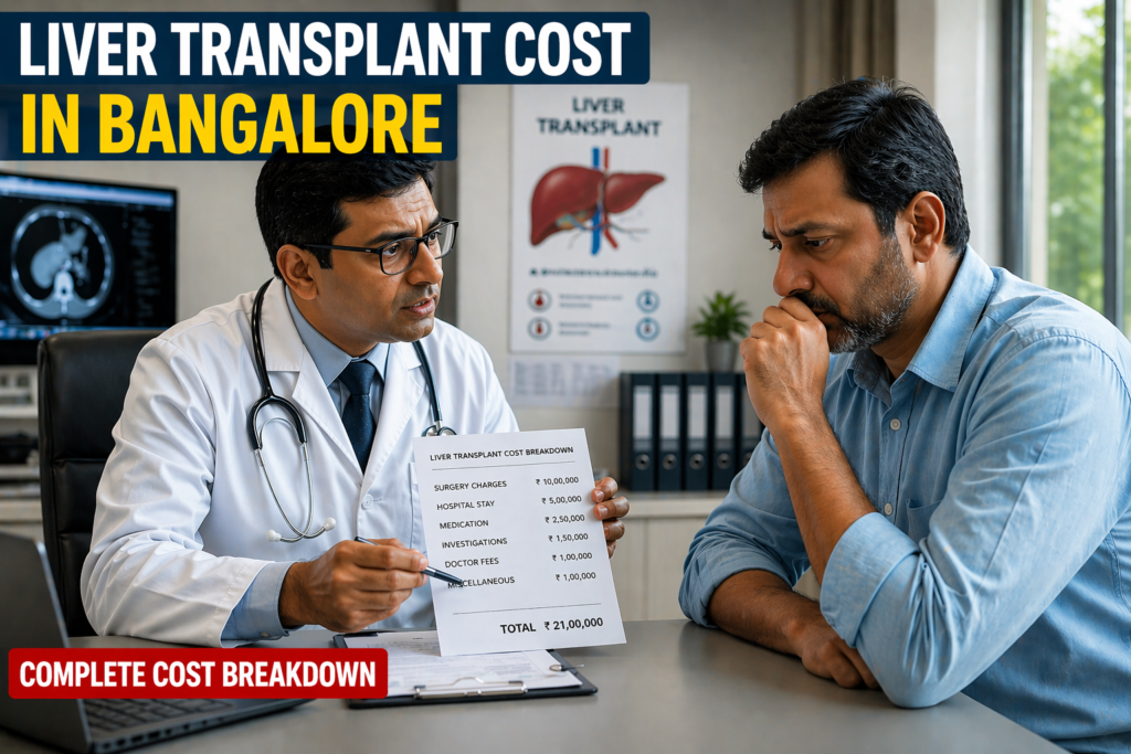 Doctor explaining liver transplant cost breakdown to a patient in a Bangalore hospital