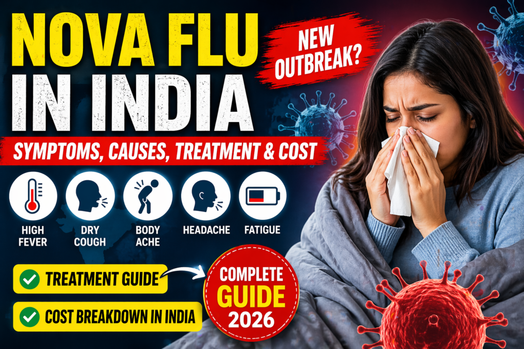 Nova Flu India symptoms causes treatment and cost guide showing sick patient with flu symptoms like fever cough body pain and fatigue