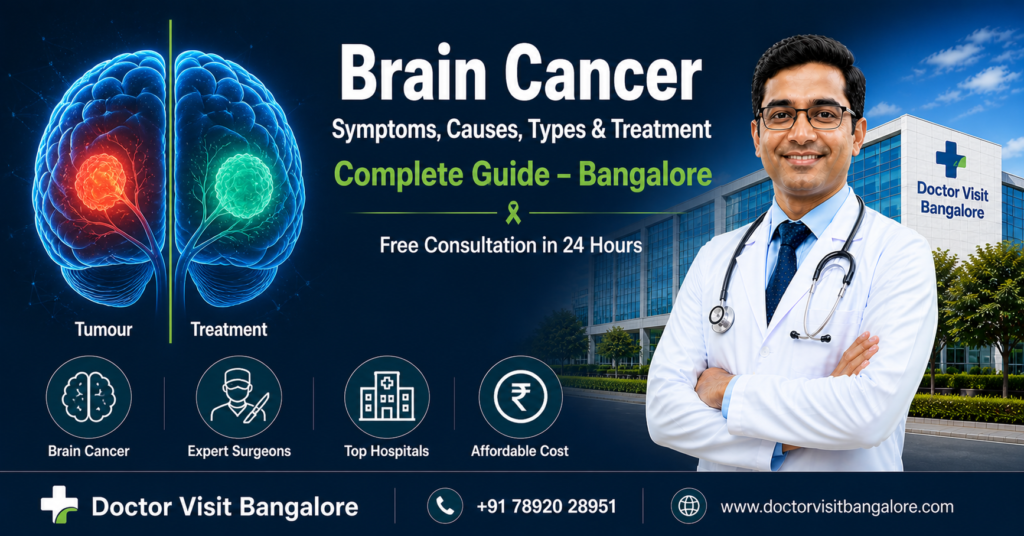 Brain cancer complete guide in Bangalore showing tumour vs treatment brain illustration, expert doctor and modern hospital for affordable care