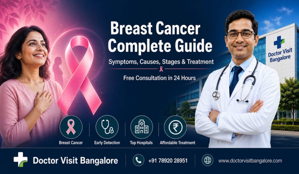 Breast cancer complete guide showing awareness ribbon, healthy woman recovery, expert doctor and hospital in Bangalore for treatment