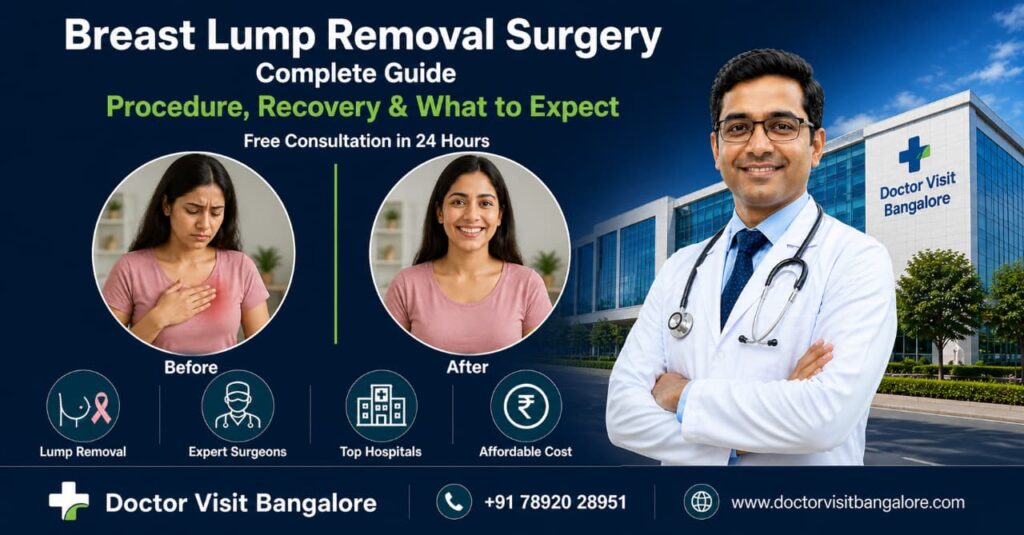 Breast lump removal surgery in Bangalore showing before and after recovery, expert doctor and modern hospital with affordable treatment options