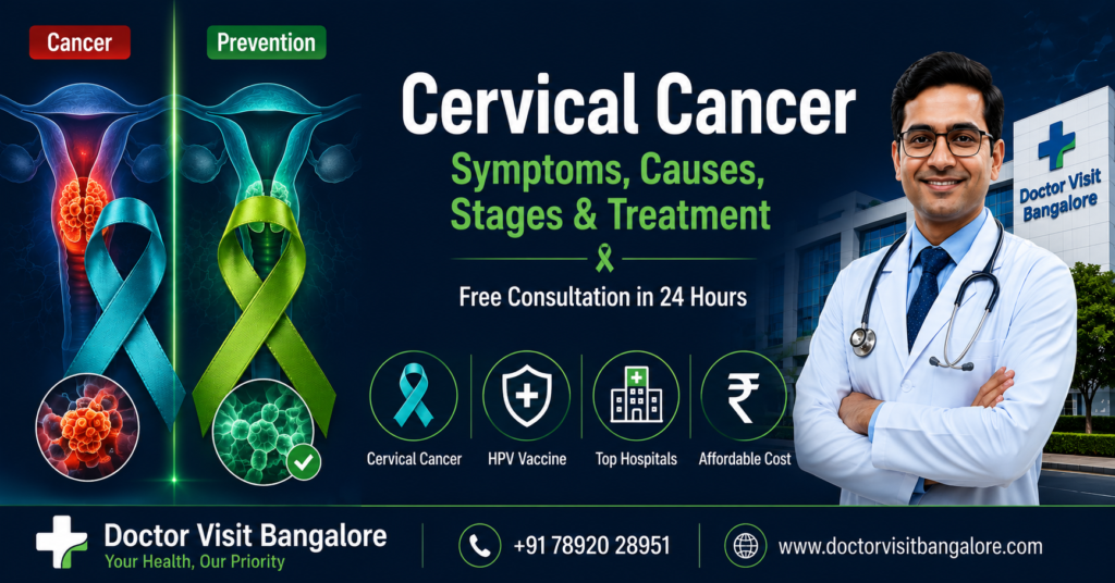 Cervical cancer complete guide showing cancer and prevention awareness ribbons, HPV vaccine concept, expert doctor and hospital in Bangalore