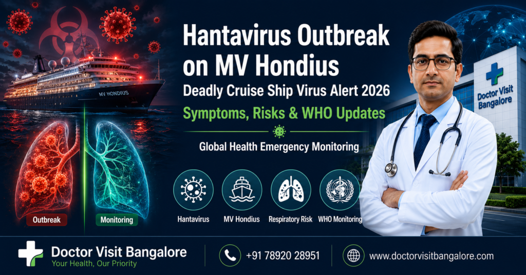 Hantavirus outbreak on MV Hondius cruise ship featuring infected lungs, virus warning concept, Indian doctor, and Doctor Visit Bangalore hospital with WHO monitoring and respiratory risk awareness.