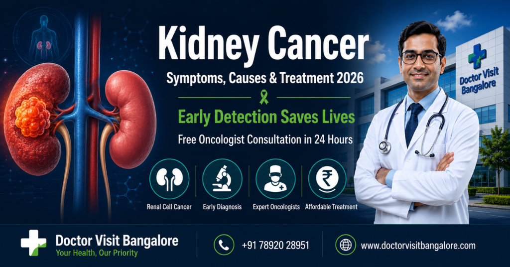 Professional medical blog featured image showing kidney cancer awareness with healthy and cancer-affected kidneys, Indian doctor, and Doctor Visit Bangalore hospital background highlighting symptoms, causes, early diagnosis, and treatment options in 2026.