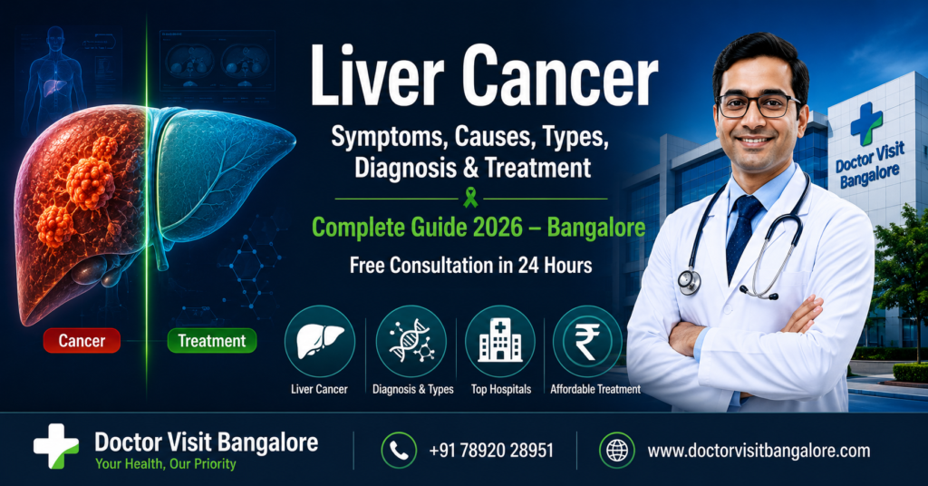 Liver cancer awareness banner featuring diseased and healthy liver illustration, Indian doctor, Doctor Visit Bangalore hospital, and information about symptoms, diagnosis, treatment, and affordable cancer care in Bangalore.