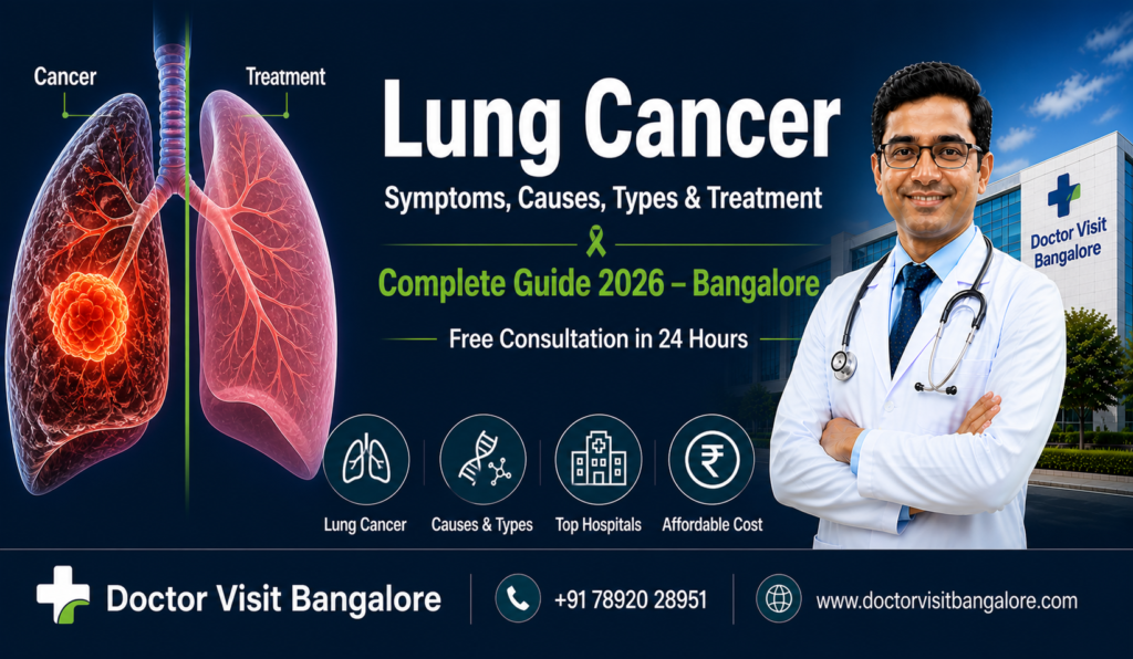 Lung cancer complete guide showing tumour and healthy lung illustration, expert doctor and hospital in Bangalore for cancer treatment and consultation