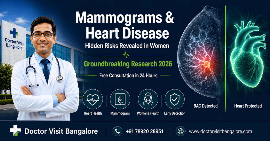 Mammograms and heart disease awareness image showing breast arterial calcification detection, healthy heart concept, expert doctor and hospital in Bangalore