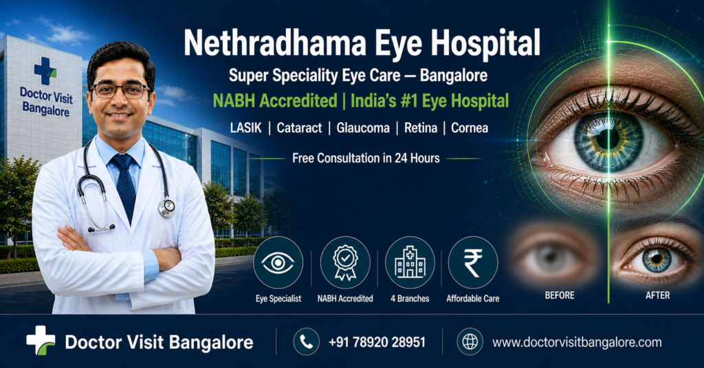 Nethradhama Eye Hospital Bangalore with expert eye doctor, advanced vision care and before after eye treatment concept for LASIK and cataract