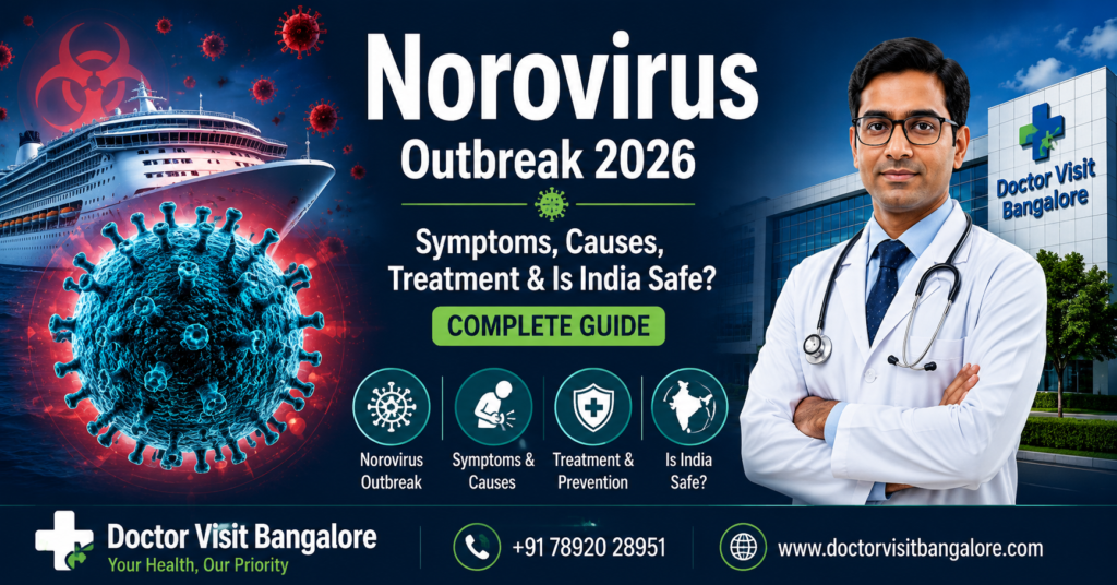 Professional medical illustration showing a norovirus outbreak concept with a large glowing virus particle, luxury cruise ship, and Indian doctor representing symptoms, causes, treatment, and India safety awareness for the 2026 norovirus outbreak.