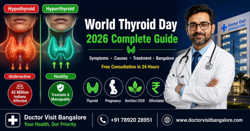 World Thyroid Day 2026 complete guide to thyroid symptoms causes treatment nutrition and best endocrinologist doctors in Bangalore by Doctor Visit Bangalore