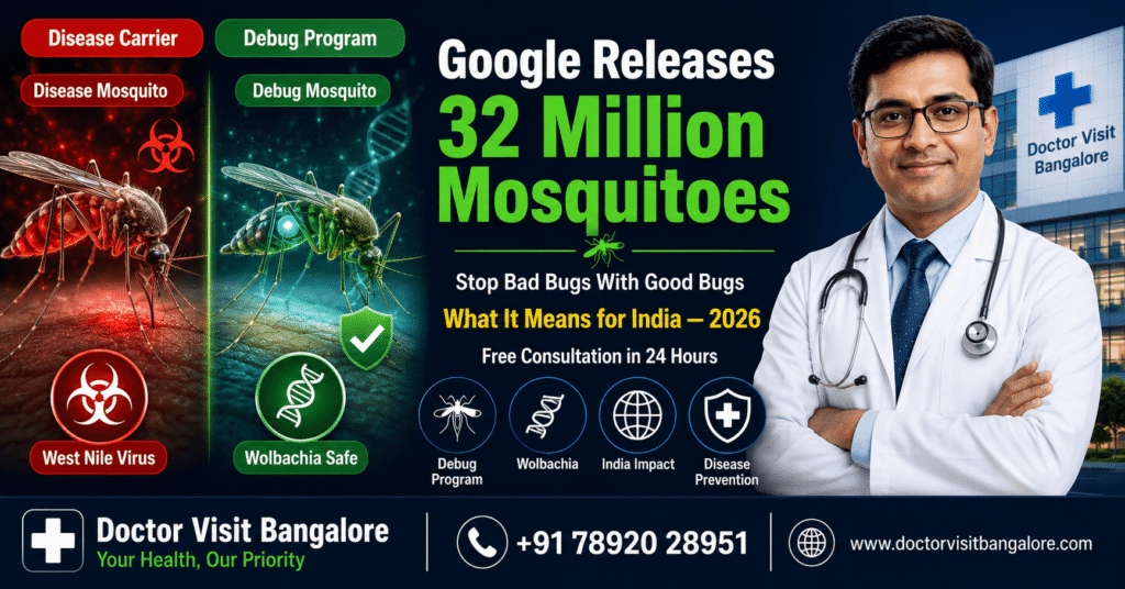 Google Verily Debug program 2026 releasing 32 million Wolbachia mosquitoes in California and Florida to fight West Nile virus — complete guide India safety and mosquito borne diseases by Doctor Visit Bangalore
