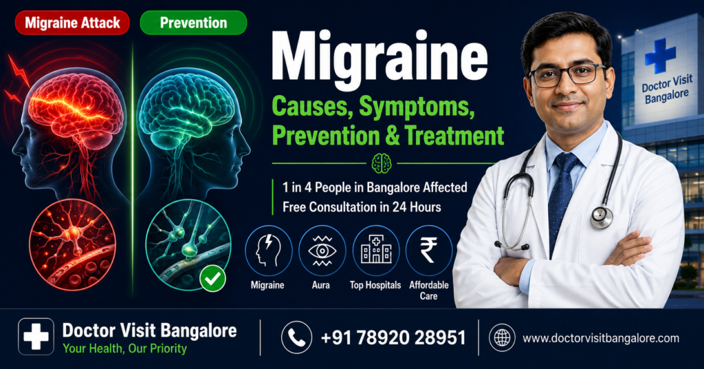 Migraine complete guide 2026 showing migraine attack versus migraine free brain illustration with causes symptoms prevention and treatment expert doctor and hospital in Bangalore by Doctor Visit Bangalore
