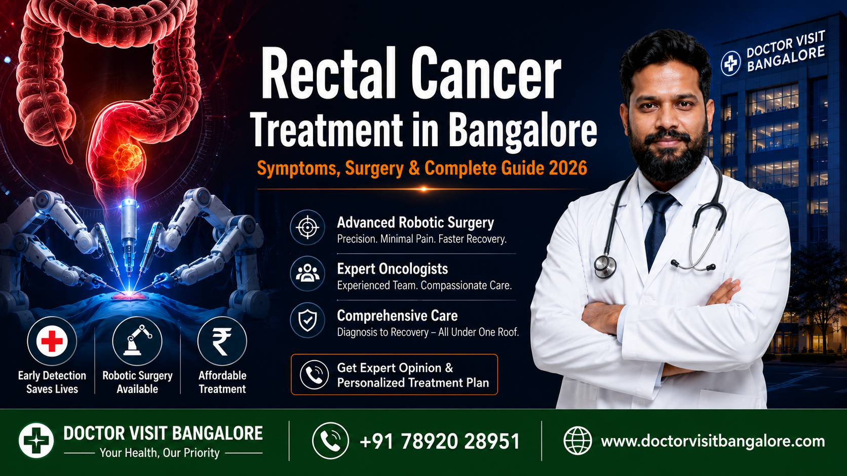 Rectal Cancer Treatment in Bangalore — Complete Guide 2026 Rectal cancer treatment in Bangalore 2026 — symptoms, robotic surgery, costs and best hospitals guide by Doctor Visit Bangalore