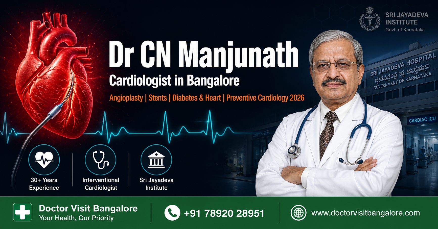 Dr CN Manjunath cardiologist Bangalore — Director Sri Jayadeva Institute, 30+ years interventional cardiology, angioplasty stent implantation and affordable heart care, Doctor Visit Bangalore