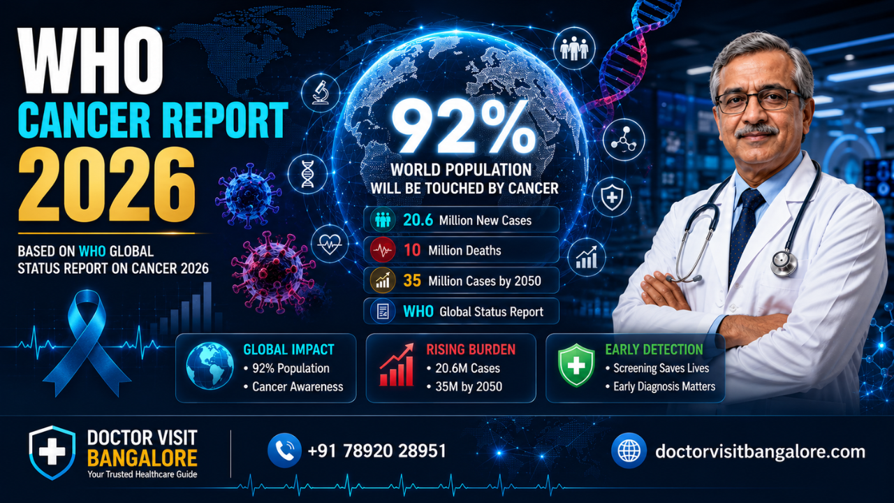 WHO Global Status Report on Cancer 2026 — Doctor Visit Bangalore WHO Cancer Report 2026 — cancer to affect 92% of world's population, India statistics and survival gap by Doctor Visit Bangalore